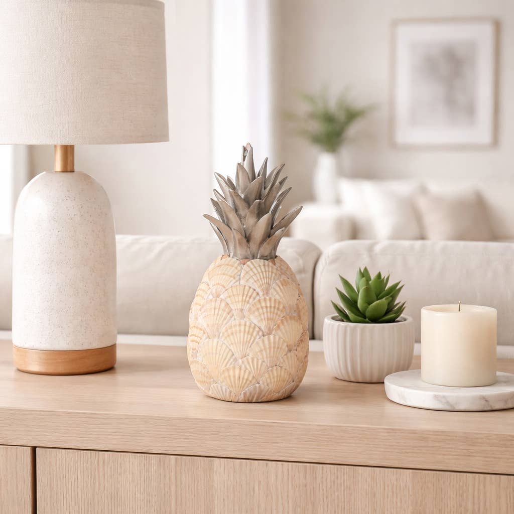 Sculpture - Ivory/Green Resin Seashell Pineapple, 13 in.