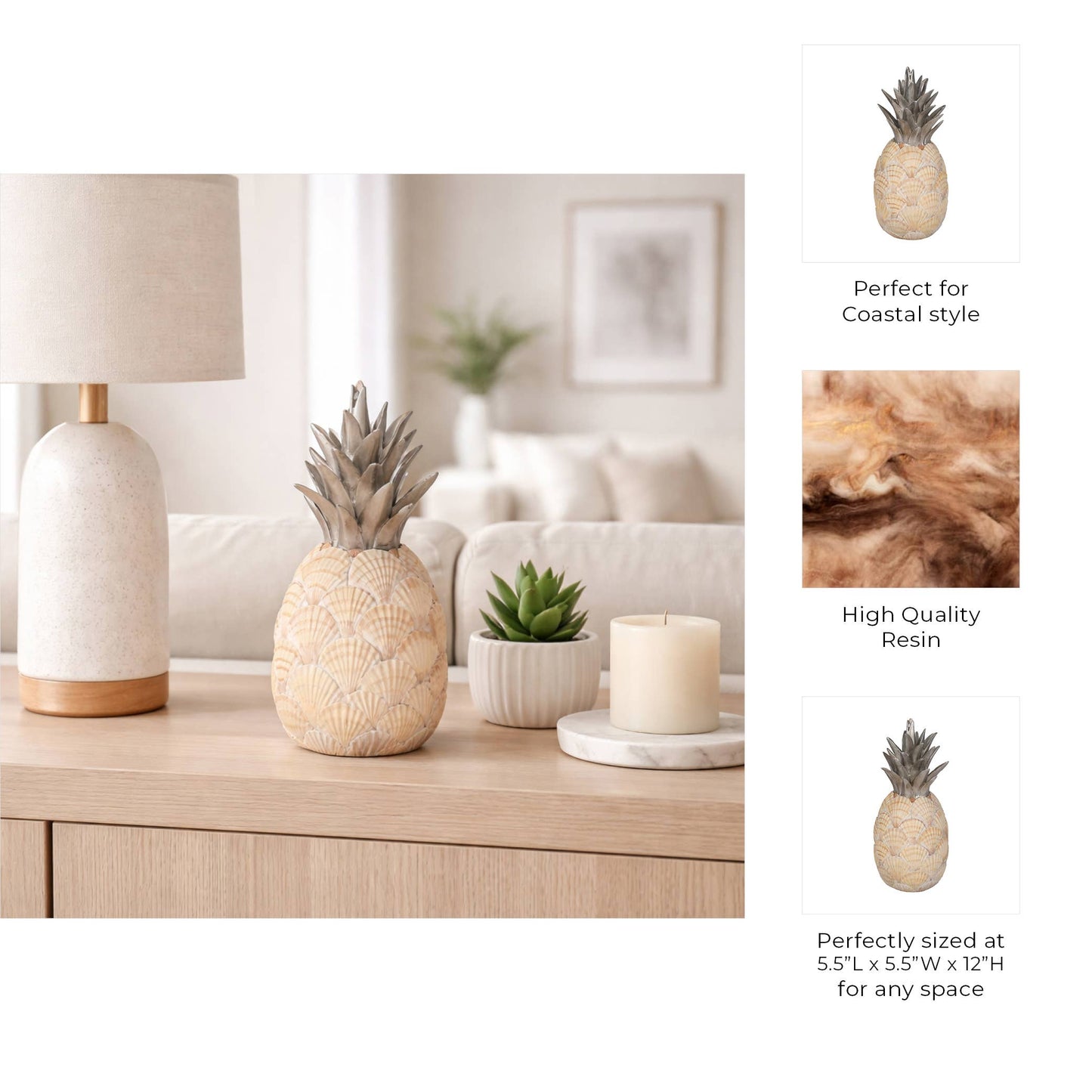 Sculpture - Ivory/Green Resin Seashell Pineapple, 13 in.