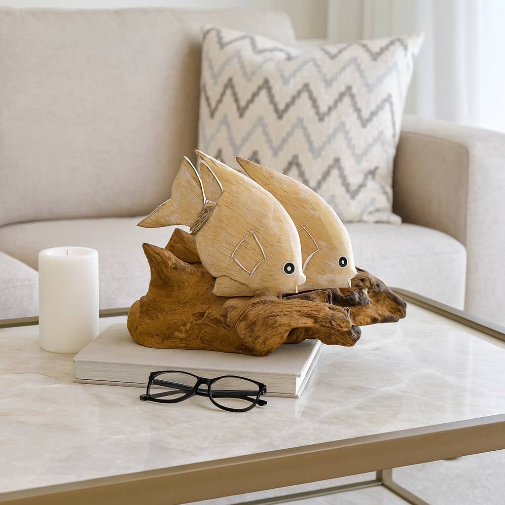 Figurine - Brown Wood Swimming Fish on Branch, 12 in