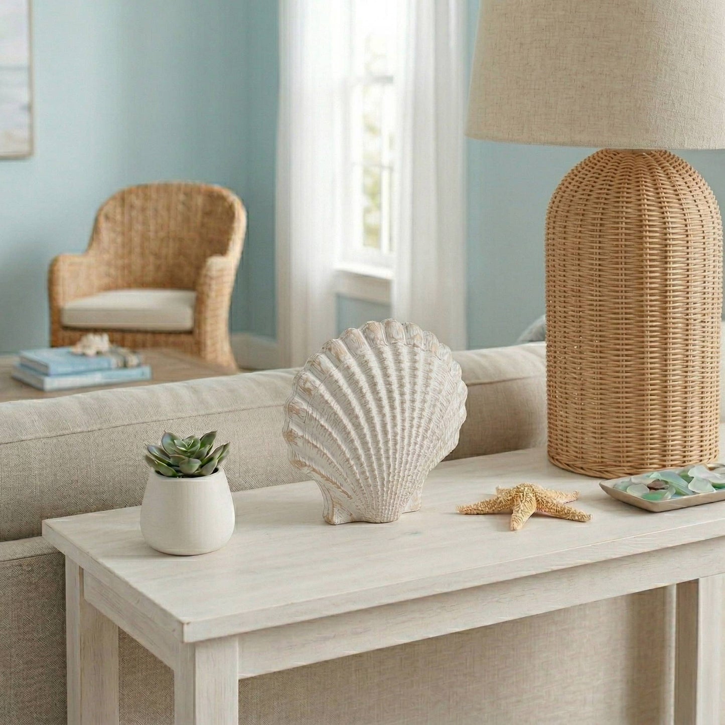 White 8 in. Resin Sea Scallop Shell Woven Pattern Figurine