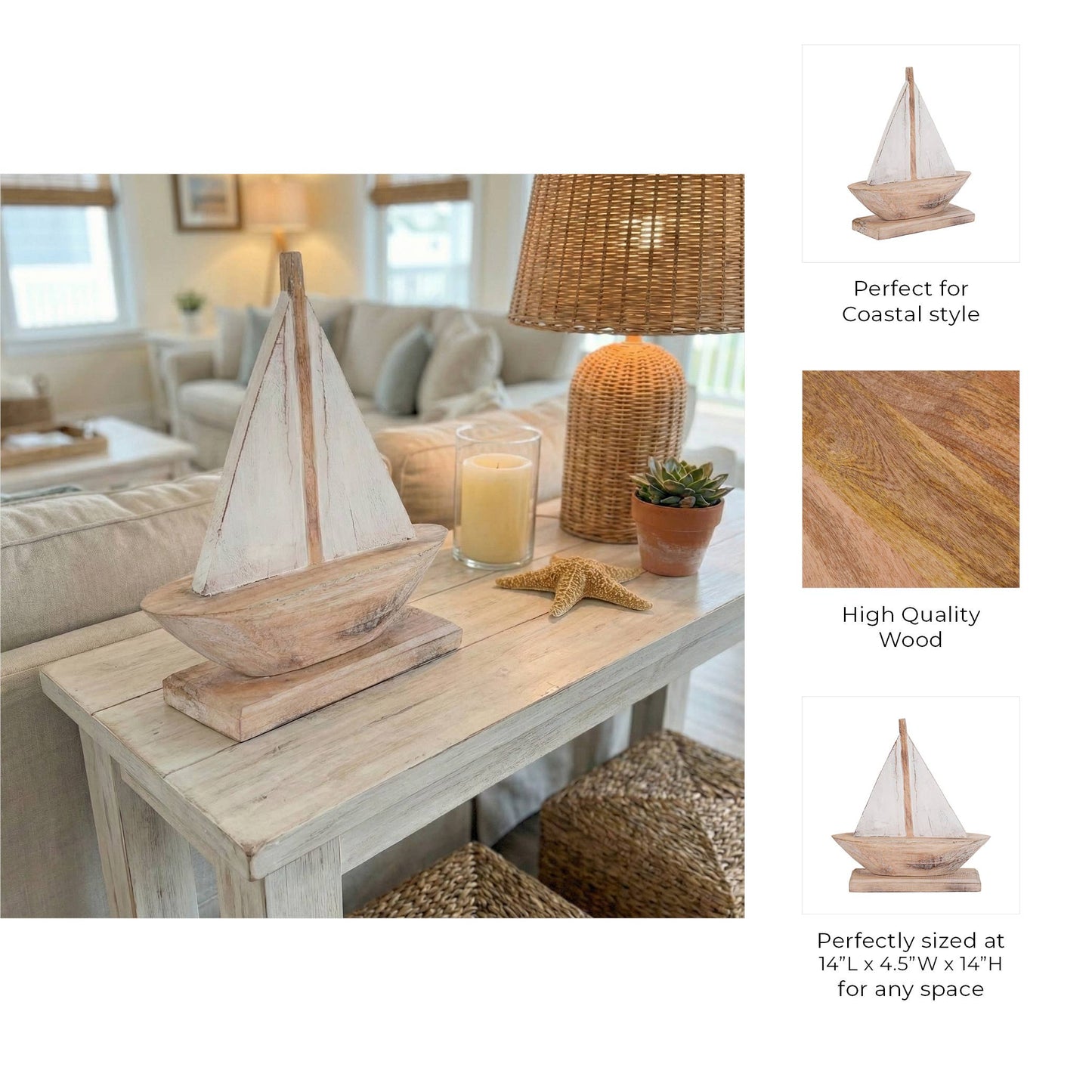 Brown/White 14 in. Wood Coastal Sailboat Sculpture
