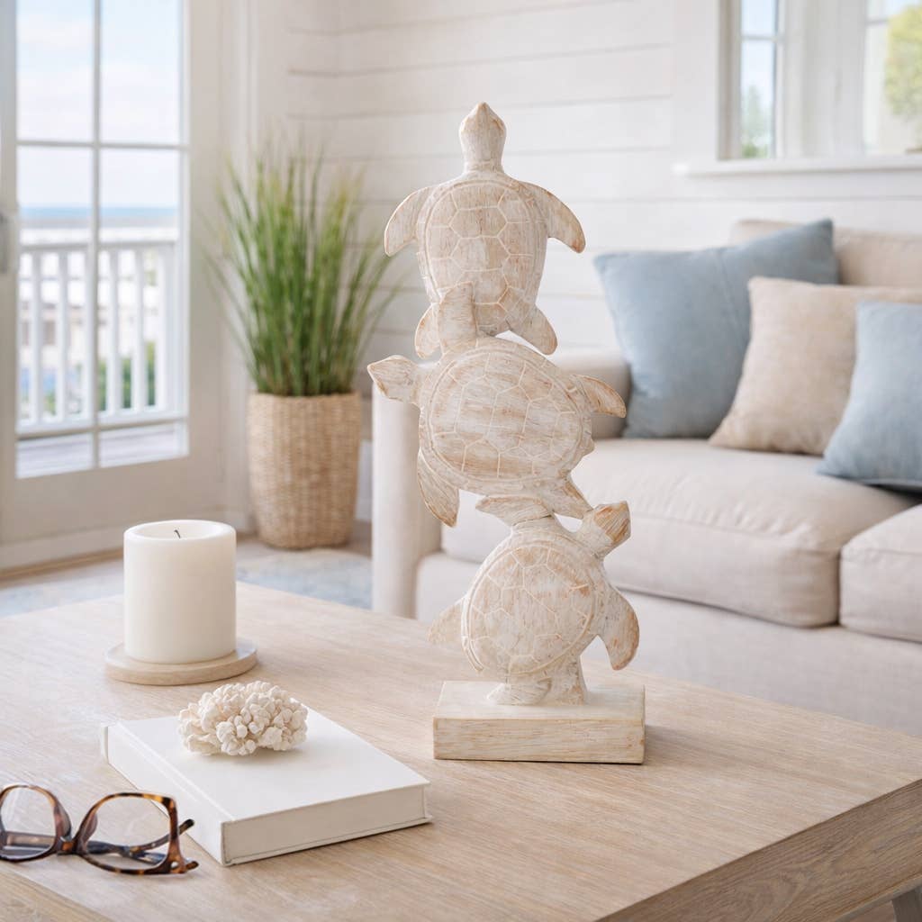 Figurine - Ivory/White Resin Stacked Sea Turtles, 16 in.