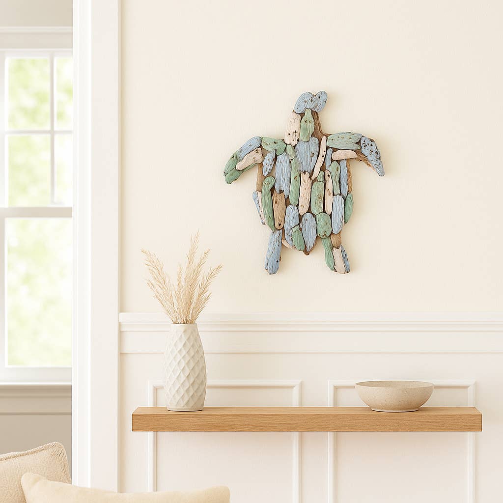 Decorative Figurine - Blue Wood Coastal Turtle, 15 in.