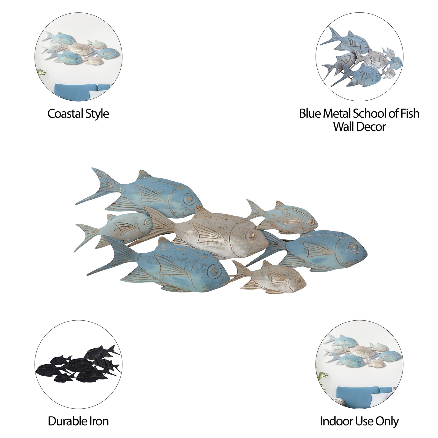 Wall Decor - Blue Metal Coastal School of Fish, 41x17 in.