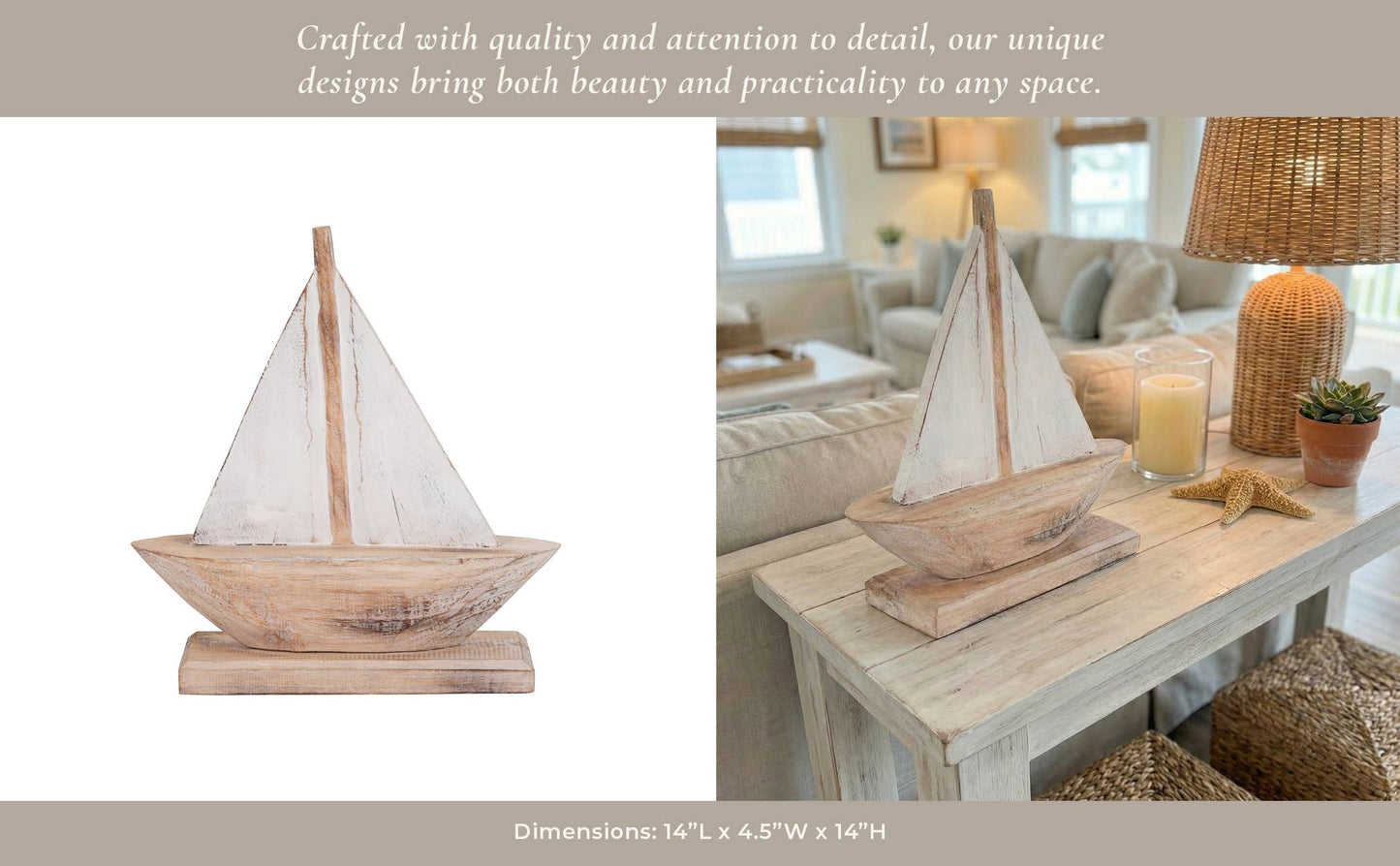 Brown/White 14 in. Wood Coastal Sailboat Sculpture