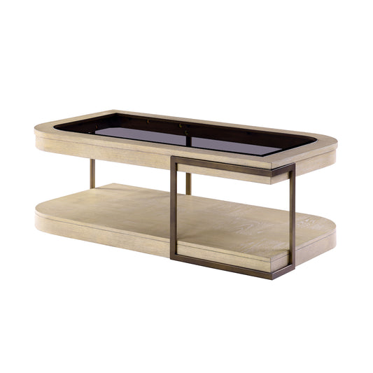 Rio Vista Cocktail Table with Casters and tempered glass. Muted Earth Tones and Clay Finish