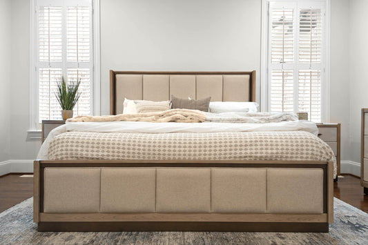 Rio Vista Upholsteredolstered King Bed. Muted Earth Tones and Clay Finish
