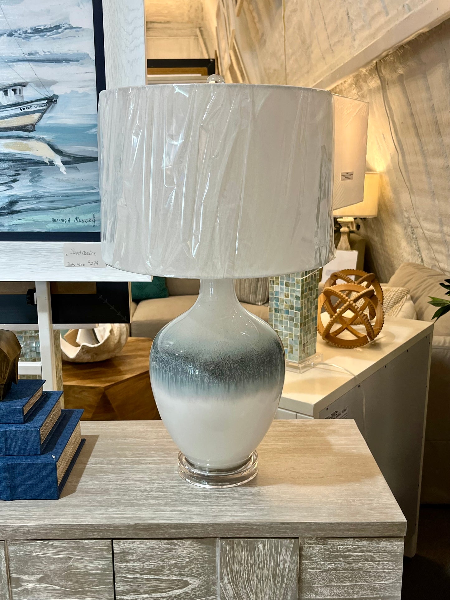 Lux Lighting Ombre Stunning Blue Tone Glass Table Lamps with Linen Shade
