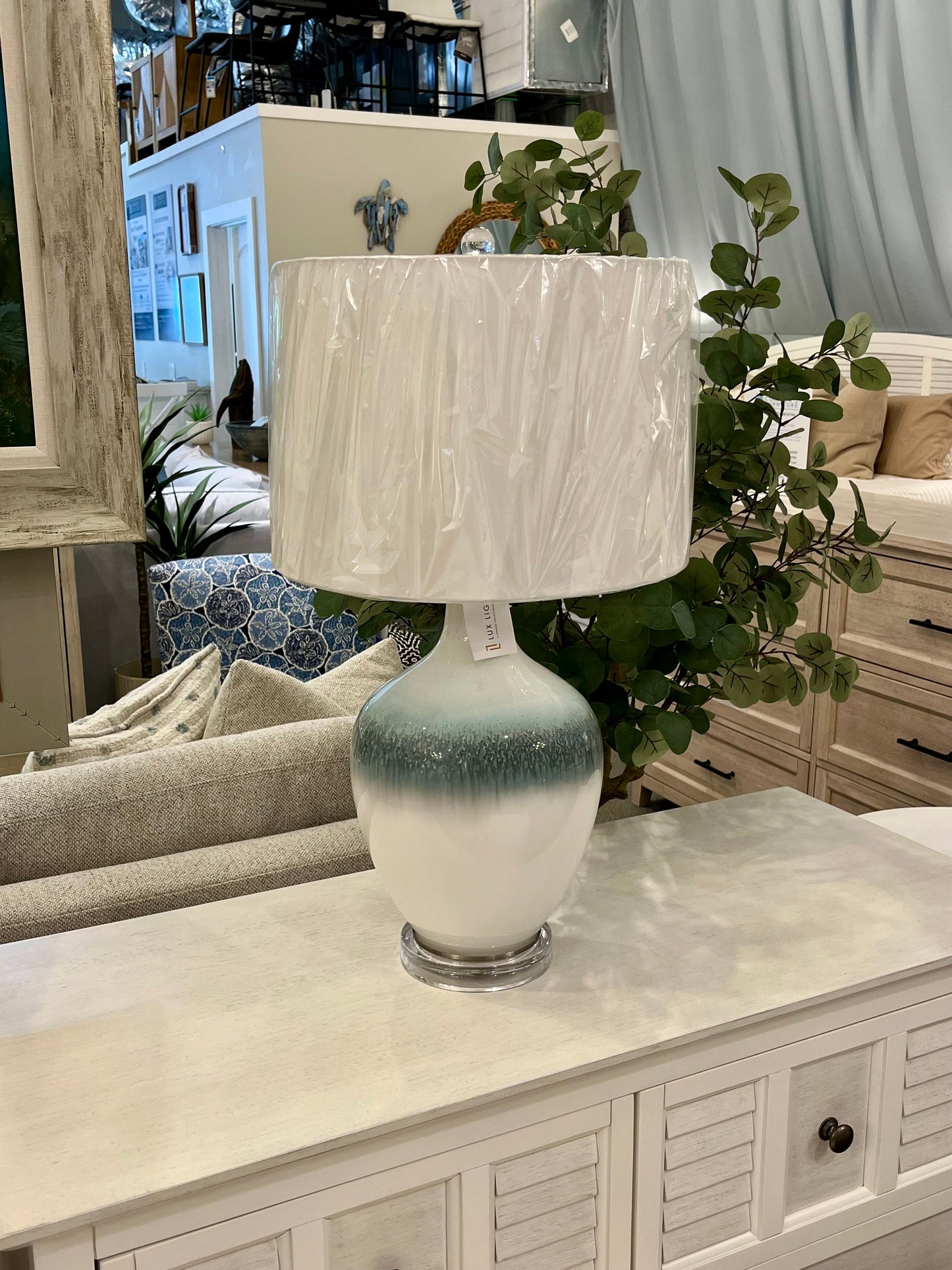 Lux Lighting Ombre Stunning Blue Tone Glass Table Lamps with Linen Shade