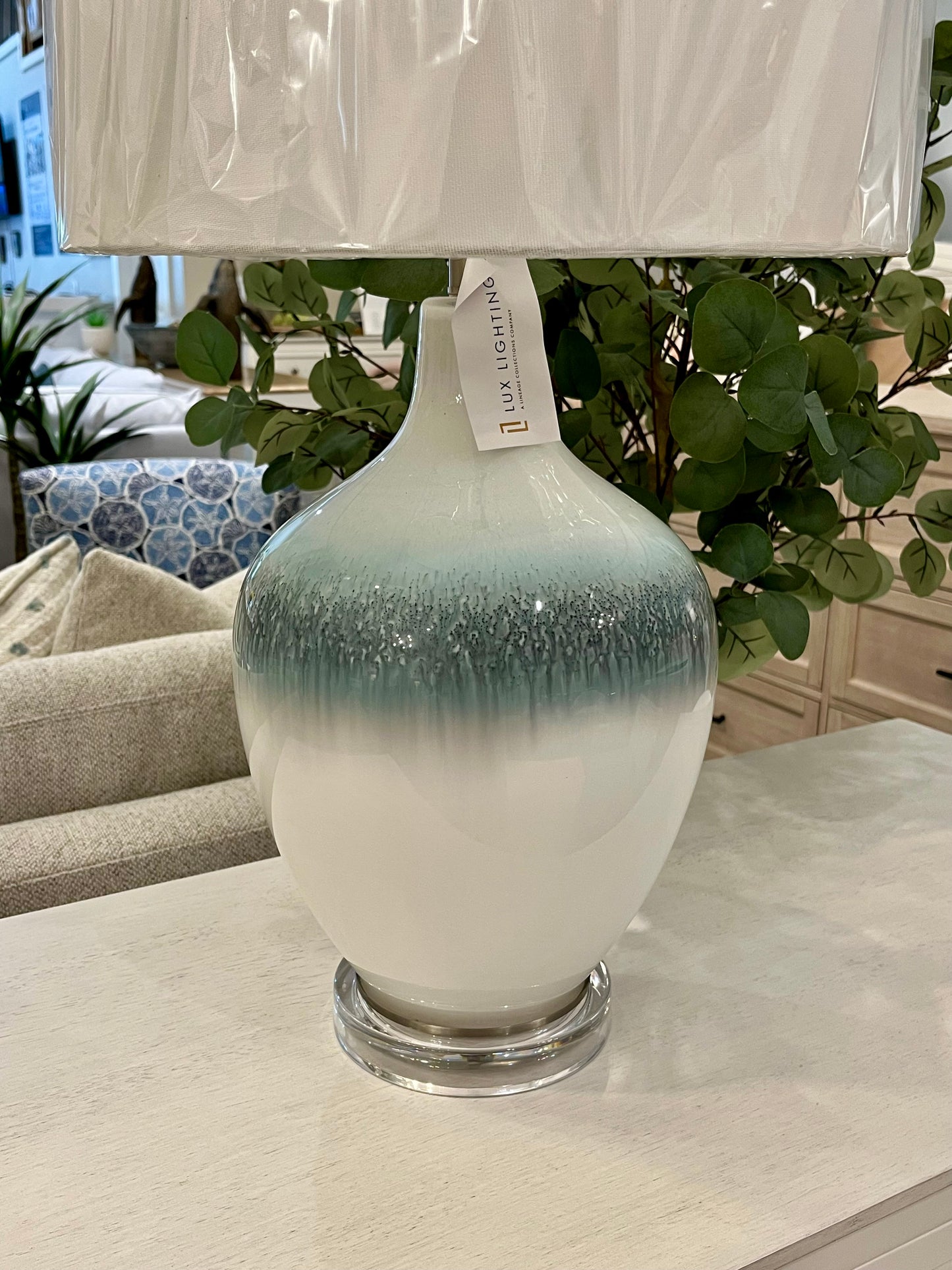 Lux Lighting Ombre Stunning Blue Tone Glass Table Lamps with Linen Shade