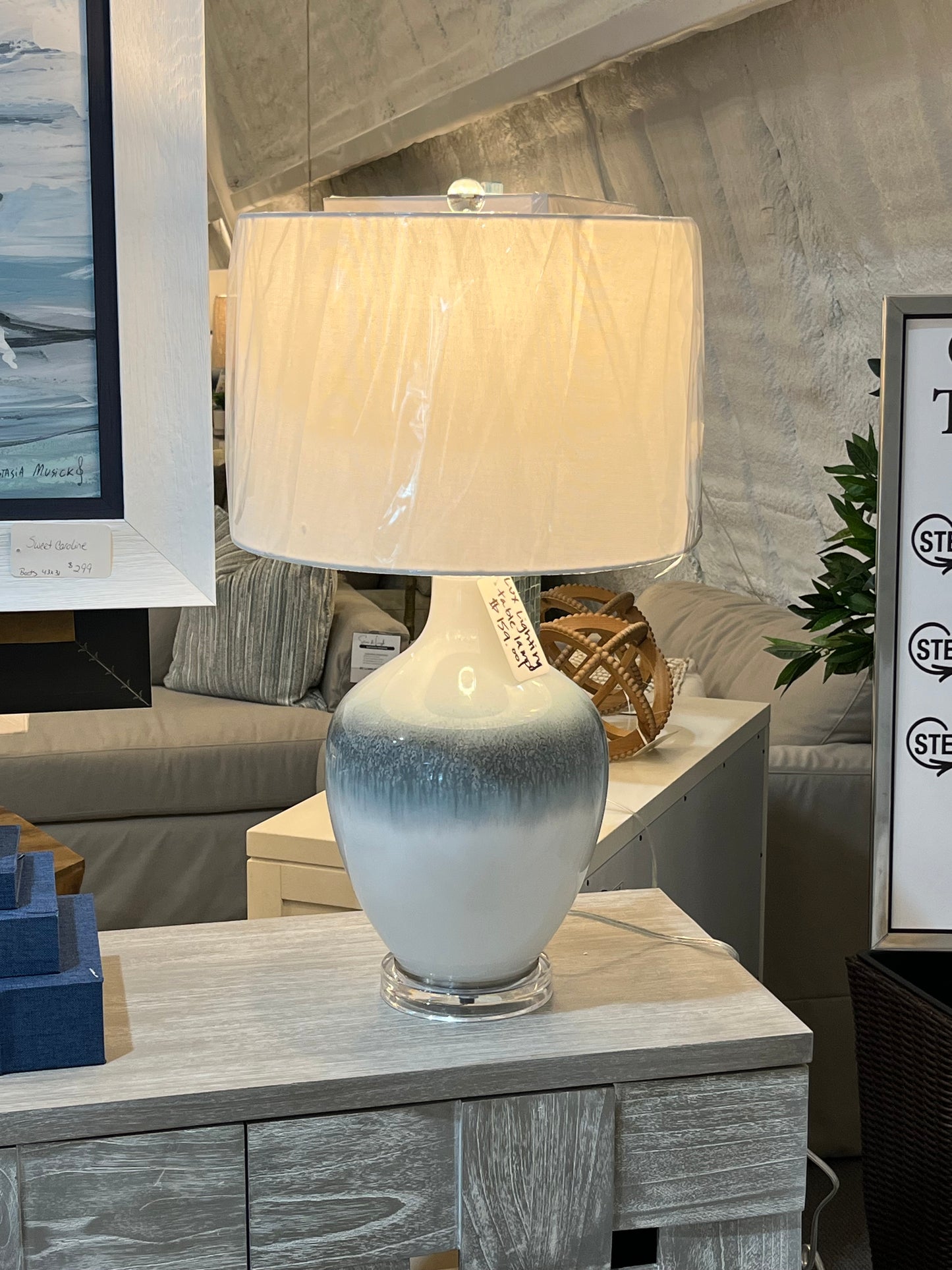Lux Lighting Ombre Stunning Blue Tone Glass Table Lamps with Linen Shade