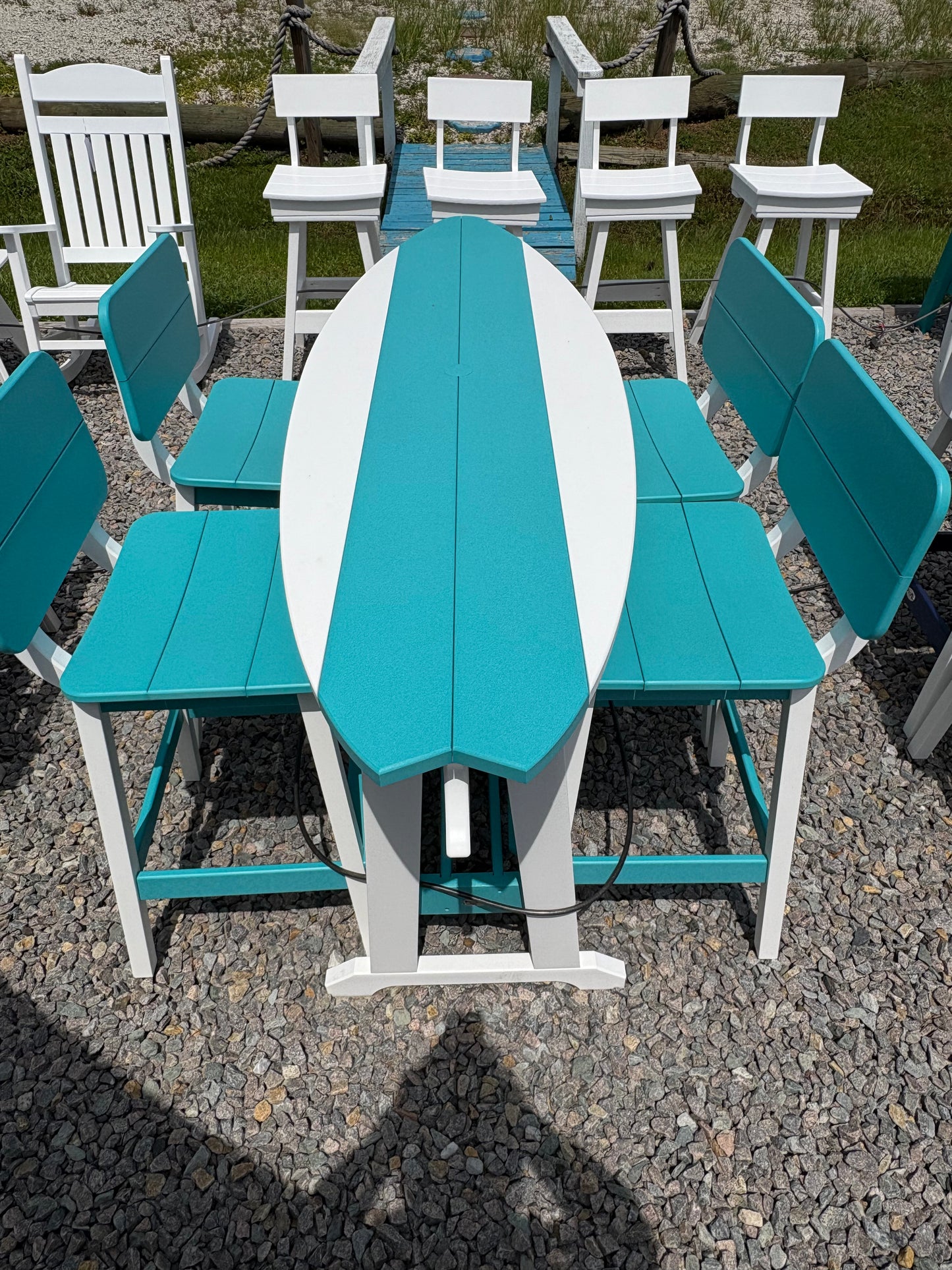 Beaver Dam 6' Poly Surfboard Table & 4 Saddle Stools w/ Backs