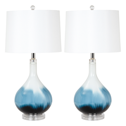 Lux Lighting Ombre 28" Stunning Blue Tone Glass Table Lamps with Linen Shade (Set of 2) 3-Way Switch