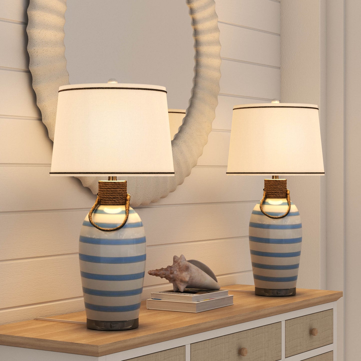 Harbor, 28" Blue Striped Ceramic Table Lamp w/ rope (Set of 2)