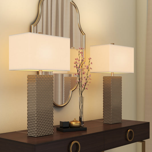 Lux Lighting  29" Stunning Gold and White Linen Shade Table Lamps (Set of 2) 3-Way Switch