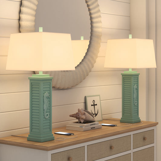Lux Lighting Sea Horse Shutter 32” Teal Blue/Green Coastal Lamp with USB Charging port (Set of 2) 3-Way Switch
