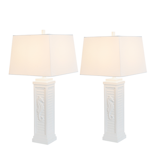 Lux Lighting Sea Horse Shutter 32” Teal Blue/Green Coastal Lamp with USB Charging port (Set of 2) 3-Way Switch
