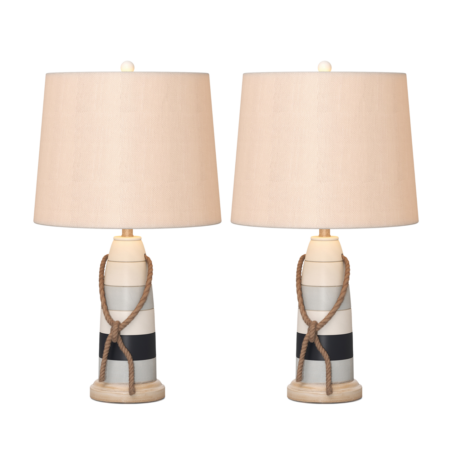 Lux Lighting Buoy, 27" Poly Coastal Table Lamps White and Blue (Set of 2) 3-Way Switch
