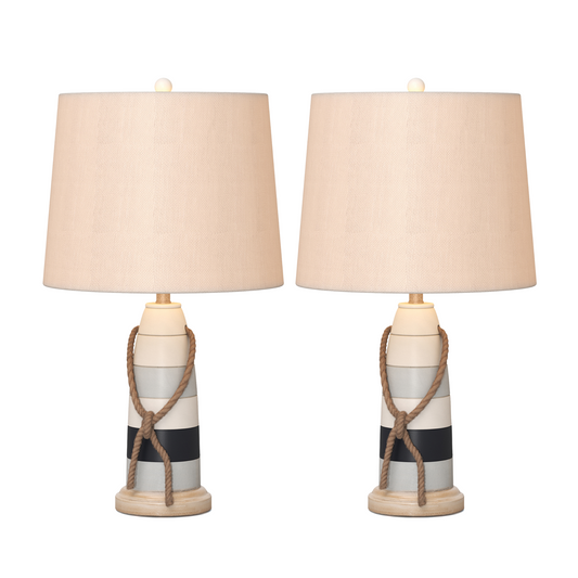 Lux Lighting Buoy, 27" Poly Coastal Table Lamps White and Blue (Set of 2) 3-Way Switch