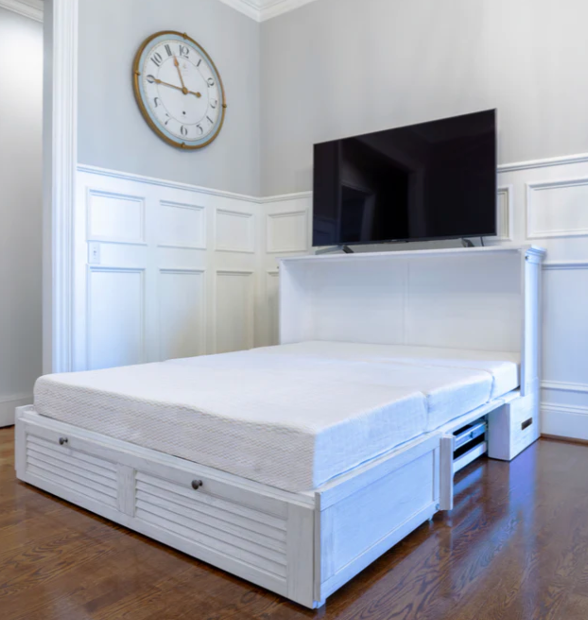 Surfside Queen Cabinet Murphy Bed with Memory Foam Mattress. Weathered White finish