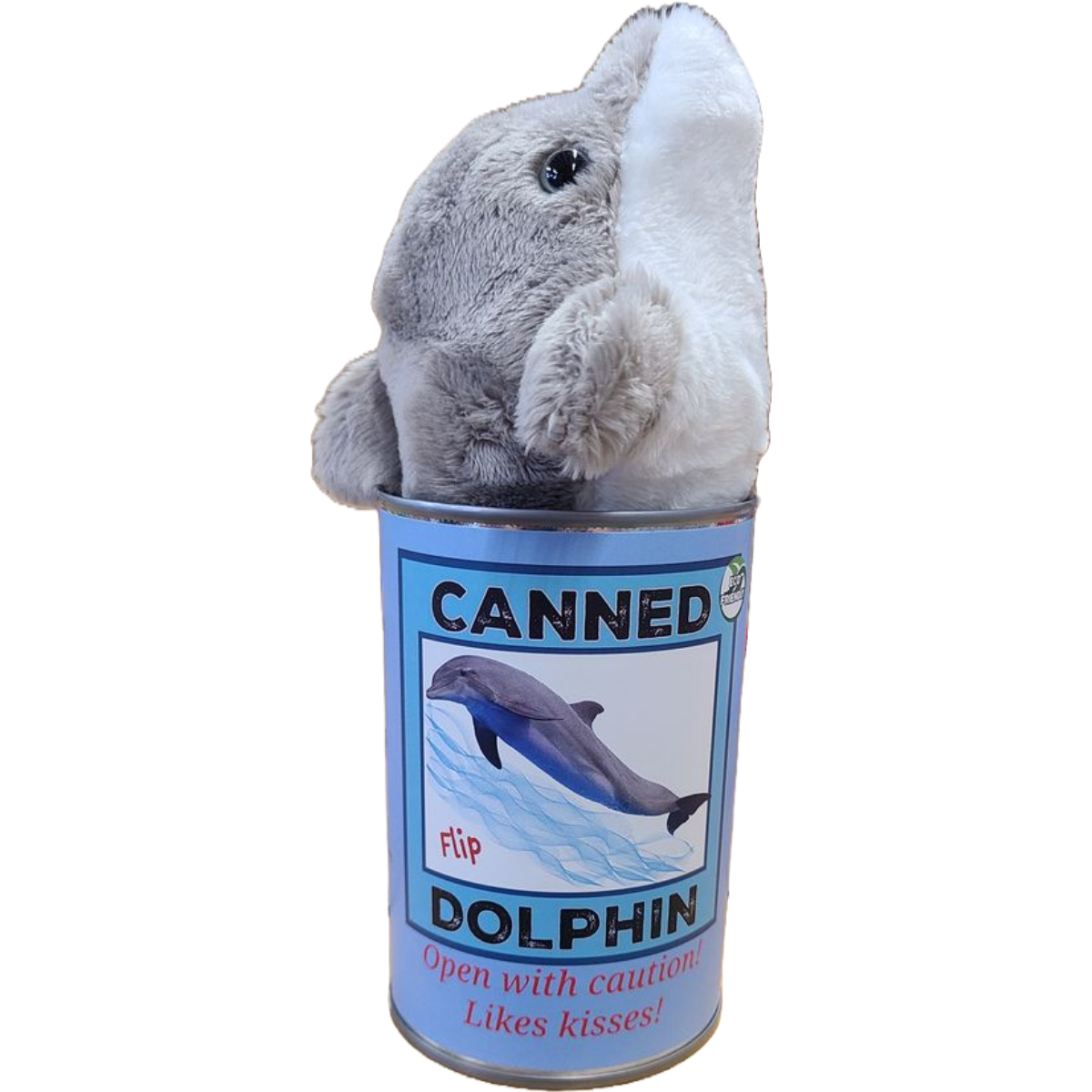 Flip the Canned Dolphin | Stuffed Animal Plush w/Jokes |Gift: Pop Top Lid