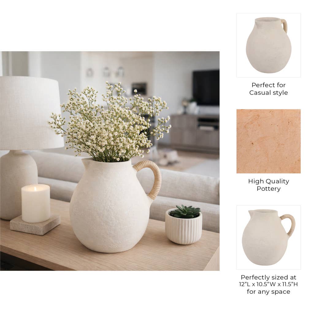 Vase - Ivory Pottery Paper Mache with Rattan Handle, 12 in