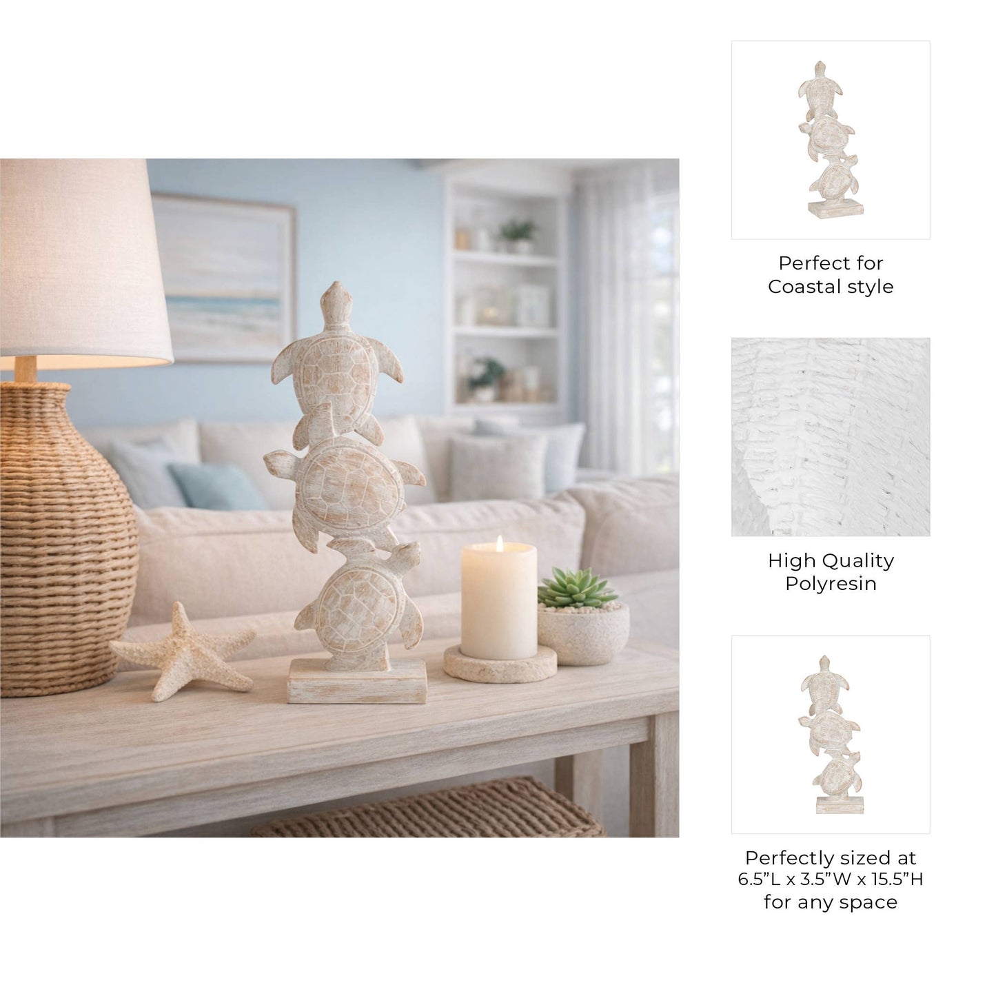 Figurine - Ivory/White Resin Stacked Sea Turtles, 16 in.