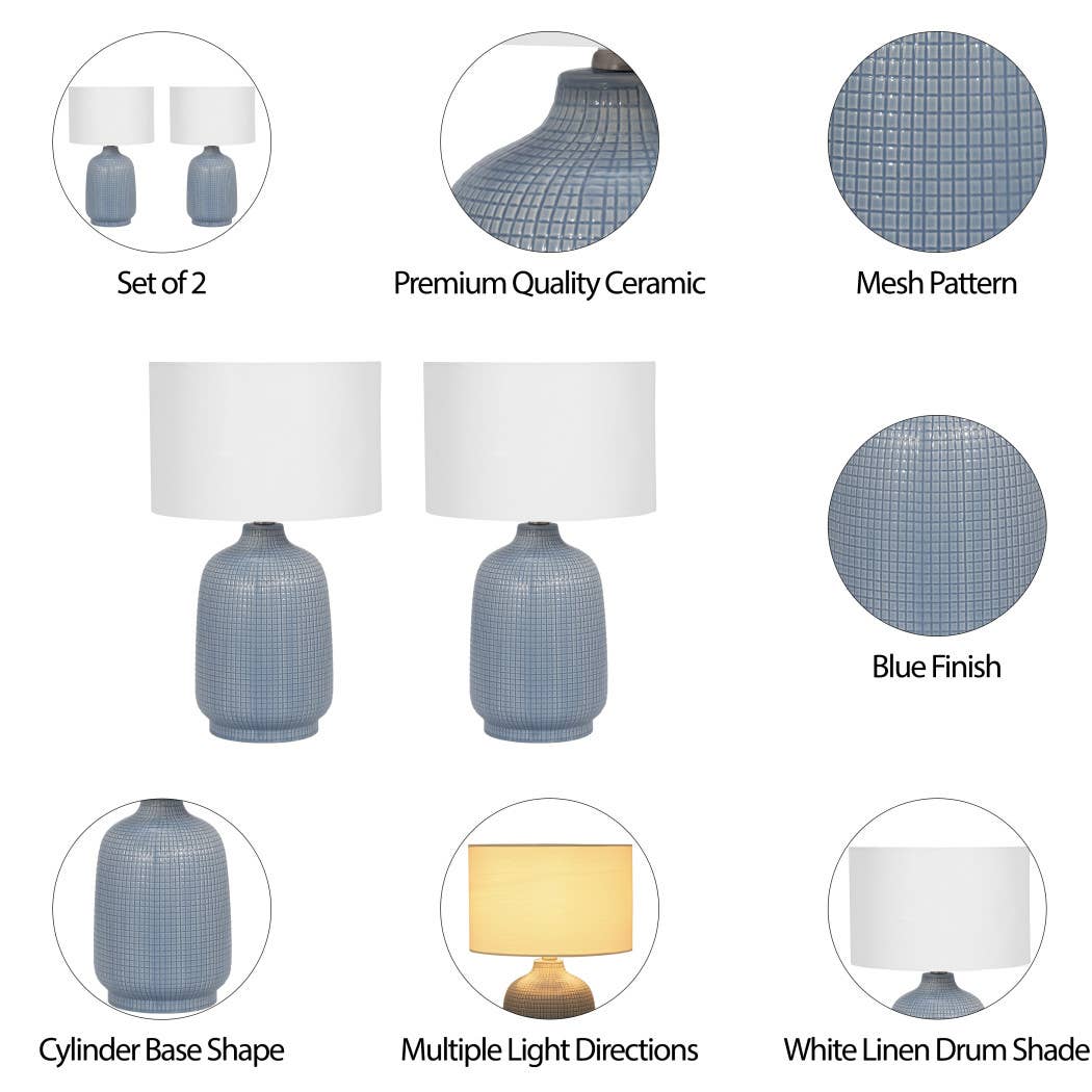 Ceramic Linen Shades Table Lamps Set of 2 - Blue, 18 in.