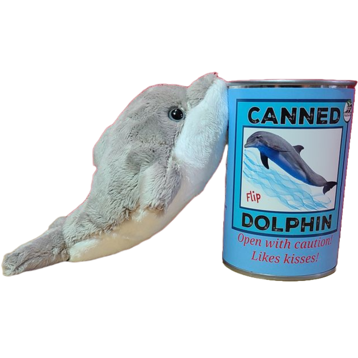 Flip the Canned Dolphin | Stuffed Animal Plush w/Jokes |Gift: Pop Top Lid