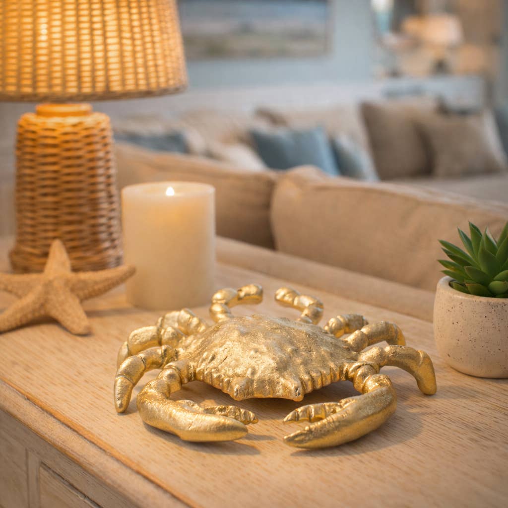 Decorative Figurine - Gold Metal Coastal Crab Decor, 7 in.
