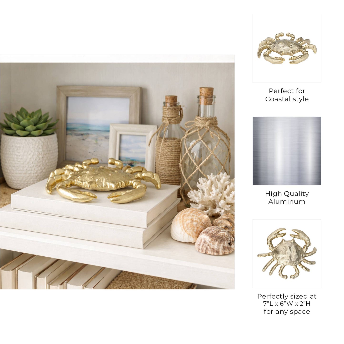 Decorative Figurine - Gold Metal Coastal Crab Decor, 7 in.
