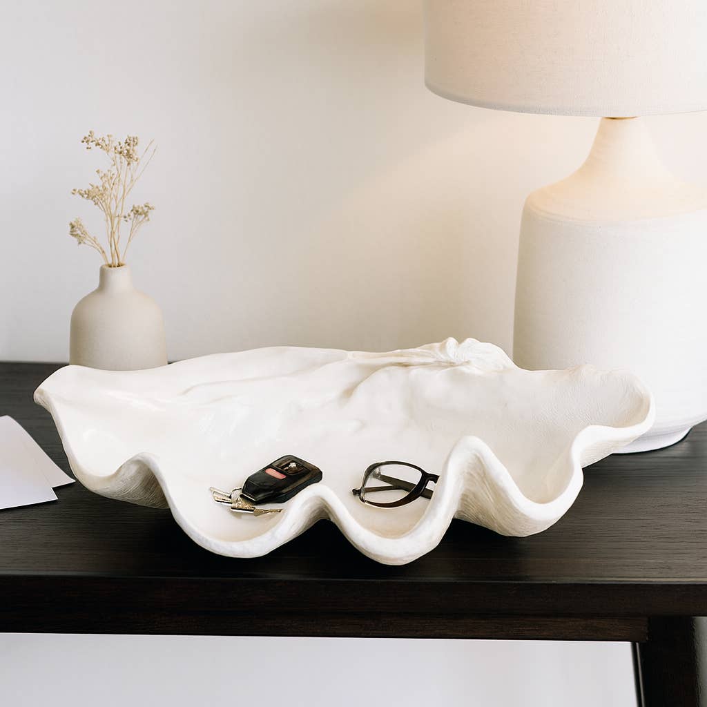 Bowl - Ivory Polyresin Pearlized Clam Shell, 25 in.