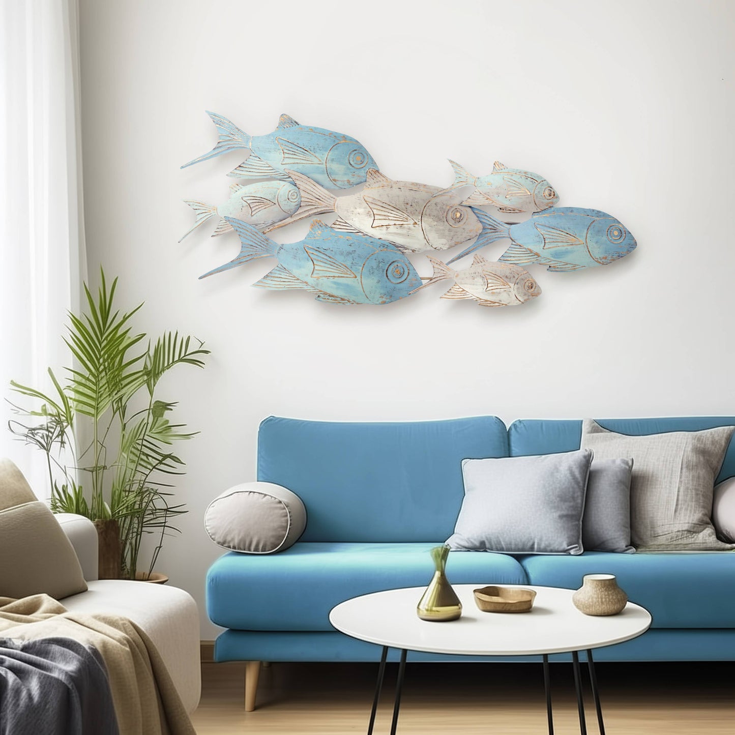 Wall Decor - Blue Metal Coastal School of Fish, 41x17 in.