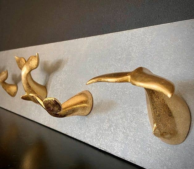 Resin Gold-leaf Whale Tail on Cement Panel,39x5x8"