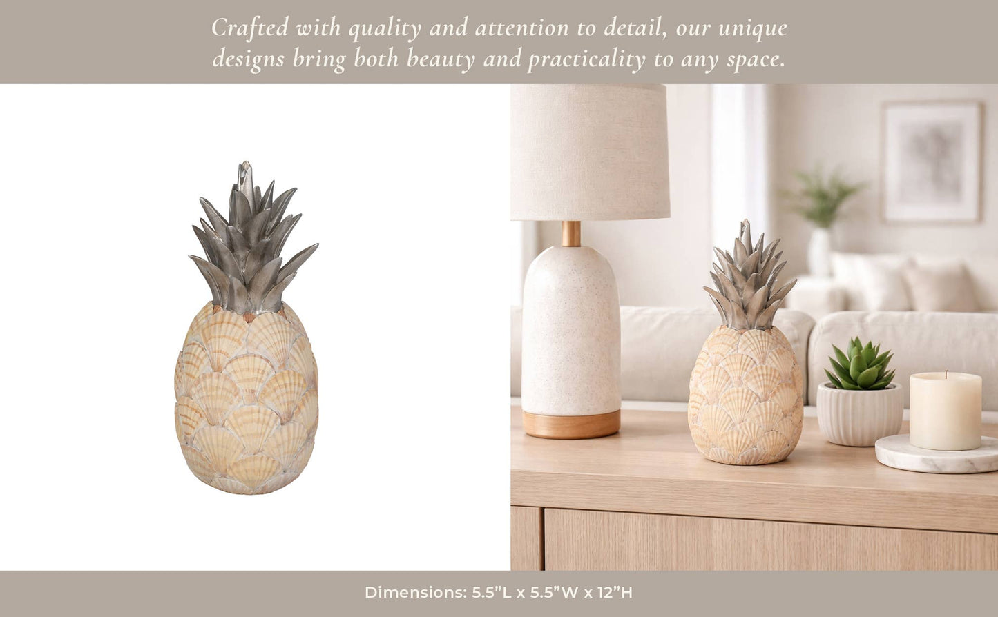 Sculpture - Ivory/Green Resin Seashell Pineapple, 13 in.