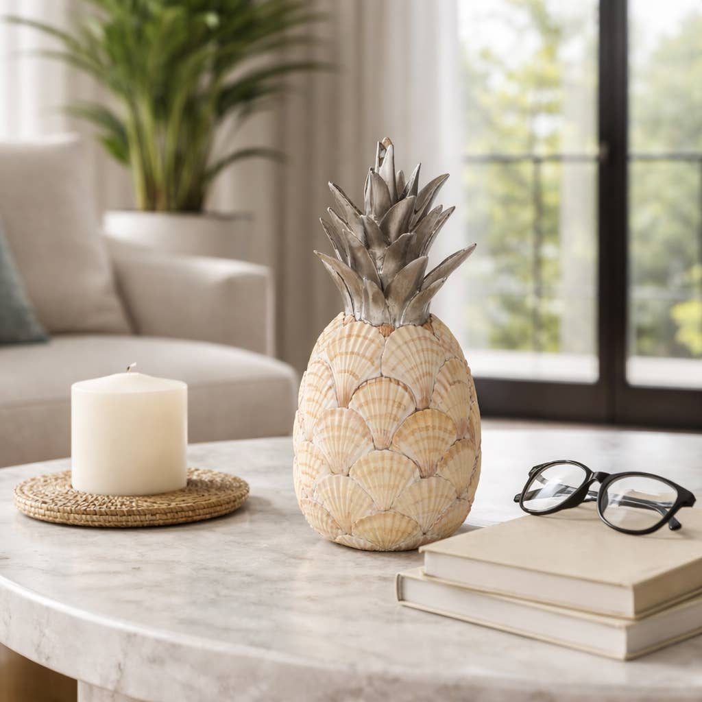 Sculpture - Ivory/Green Resin Seashell Pineapple, 13 in.
