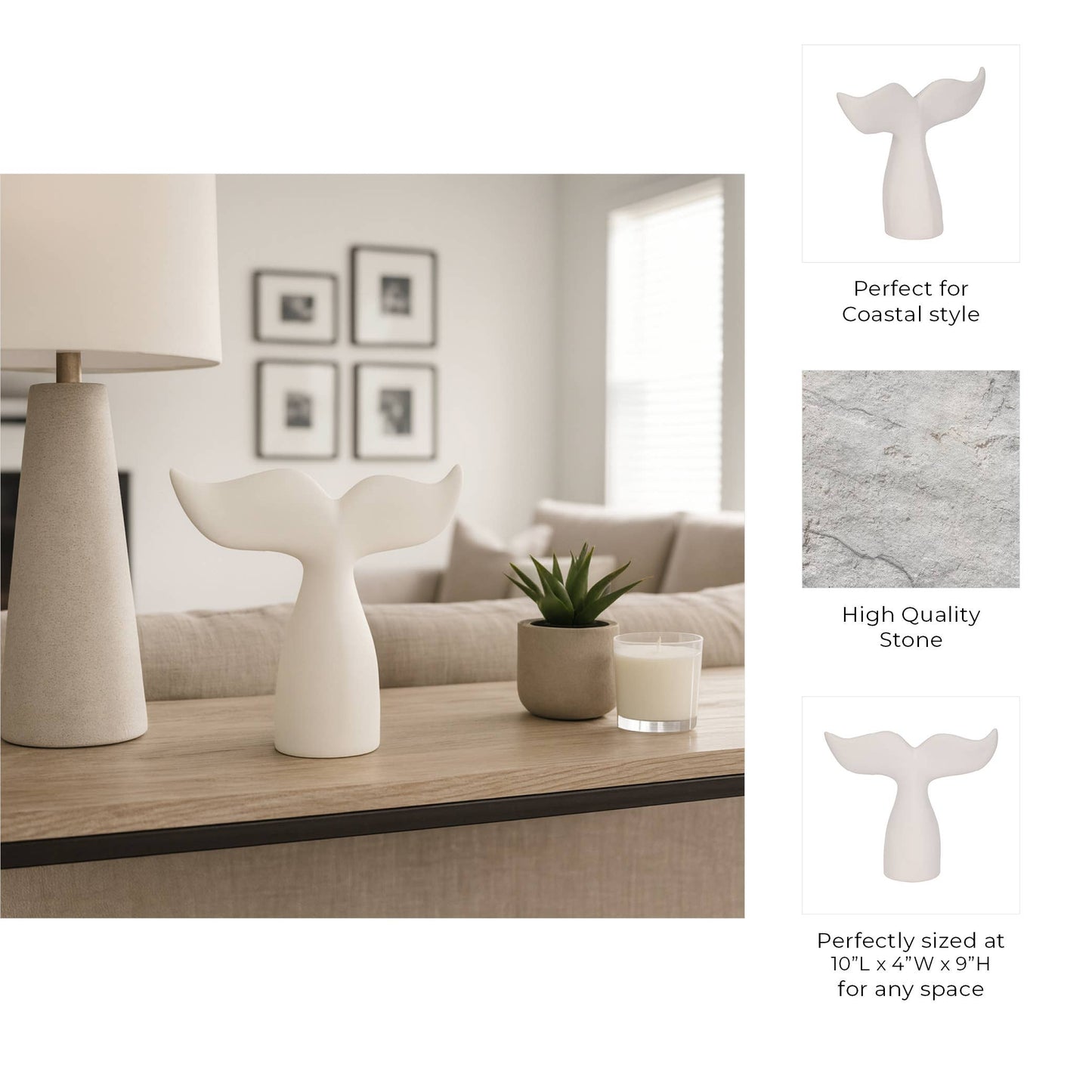 Figurine - White Ceramic Textured Whale Tail, 10 in.