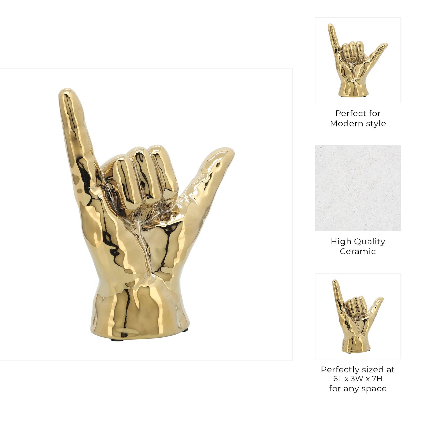 Decorative Sculpture - Gold Ceramic Hang Loose Hand, 7 in.