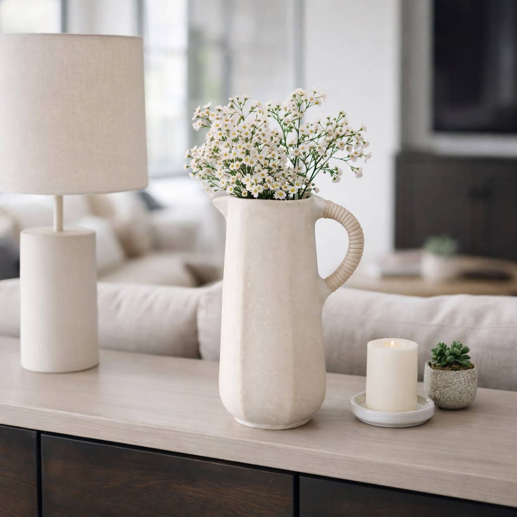 Decorative Vase - Ivory Paper Mache with Rattan Handle, 11in
