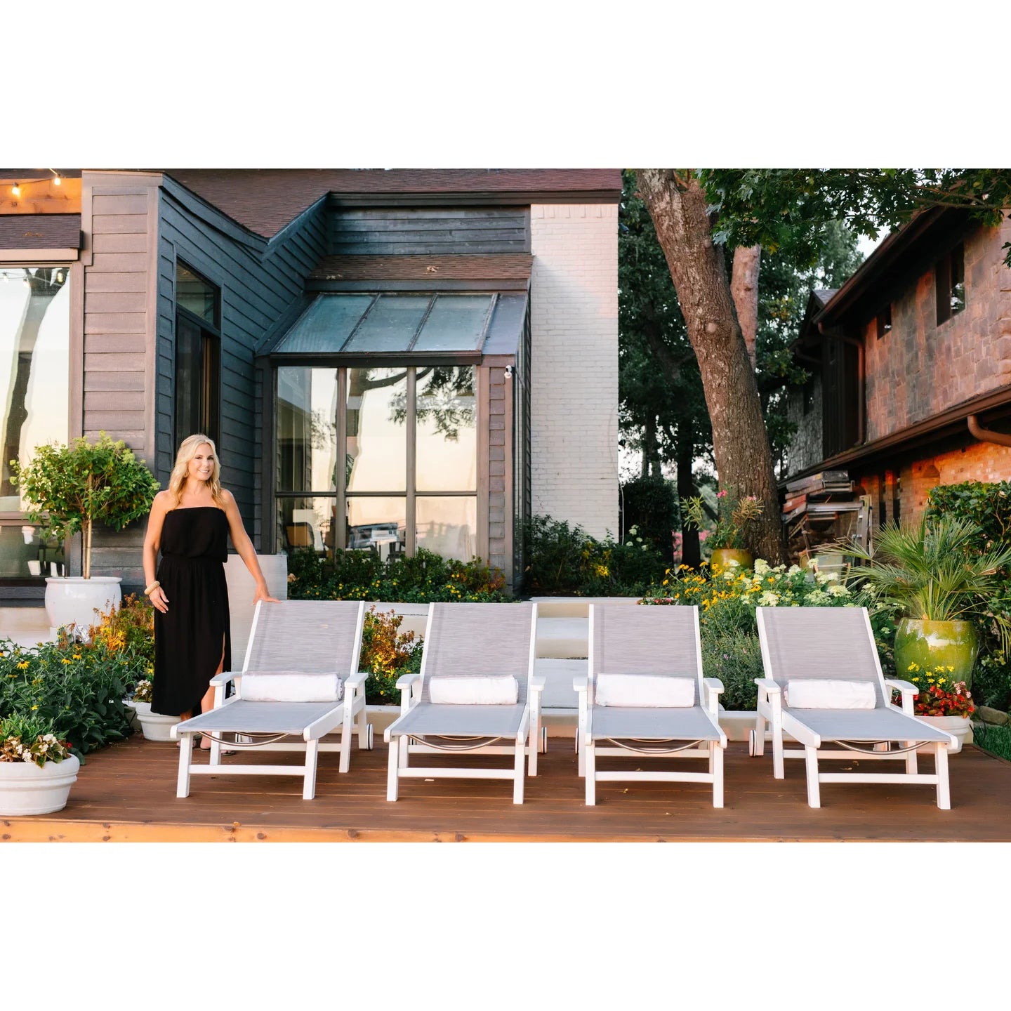 Polywood Coastal Chaise with Wheels in White / Birch Sling