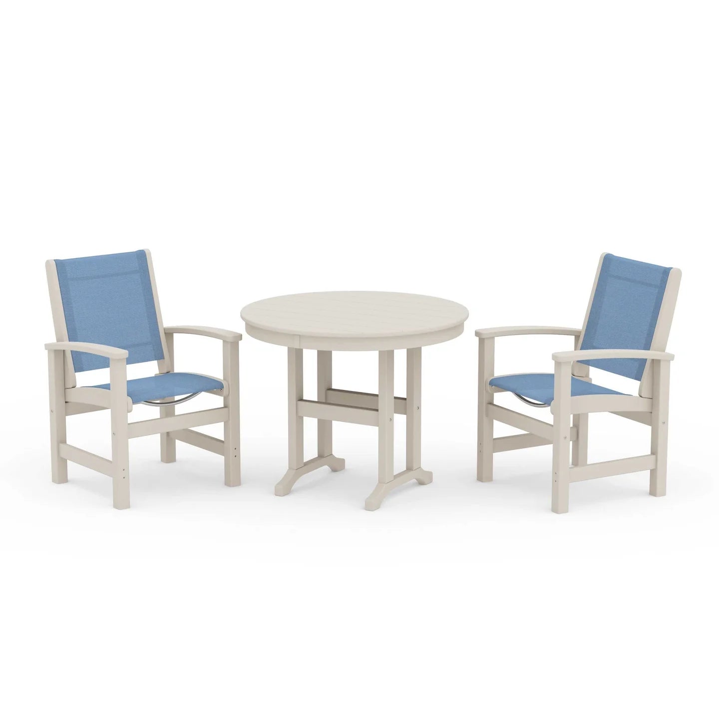 Polywood Coastal 3-Piece Round Dining Set in Sand / Poolside Sling